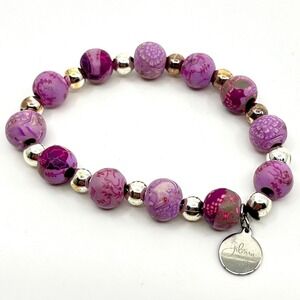 VTG Jilzara‎ Y2K Purple Floral Polymer Clay Bead Stretch Bracelet Silver Accents